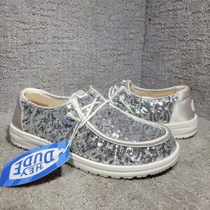 Hey Dude Wendy Disco Sequin Women’s Size 9 US Silver White Slip on Casual Shoes